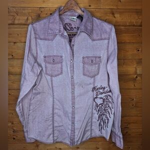 ❤️ Harley Davidson Purple Button-Up Shirt Embroidered Acid wash style  Size XL
